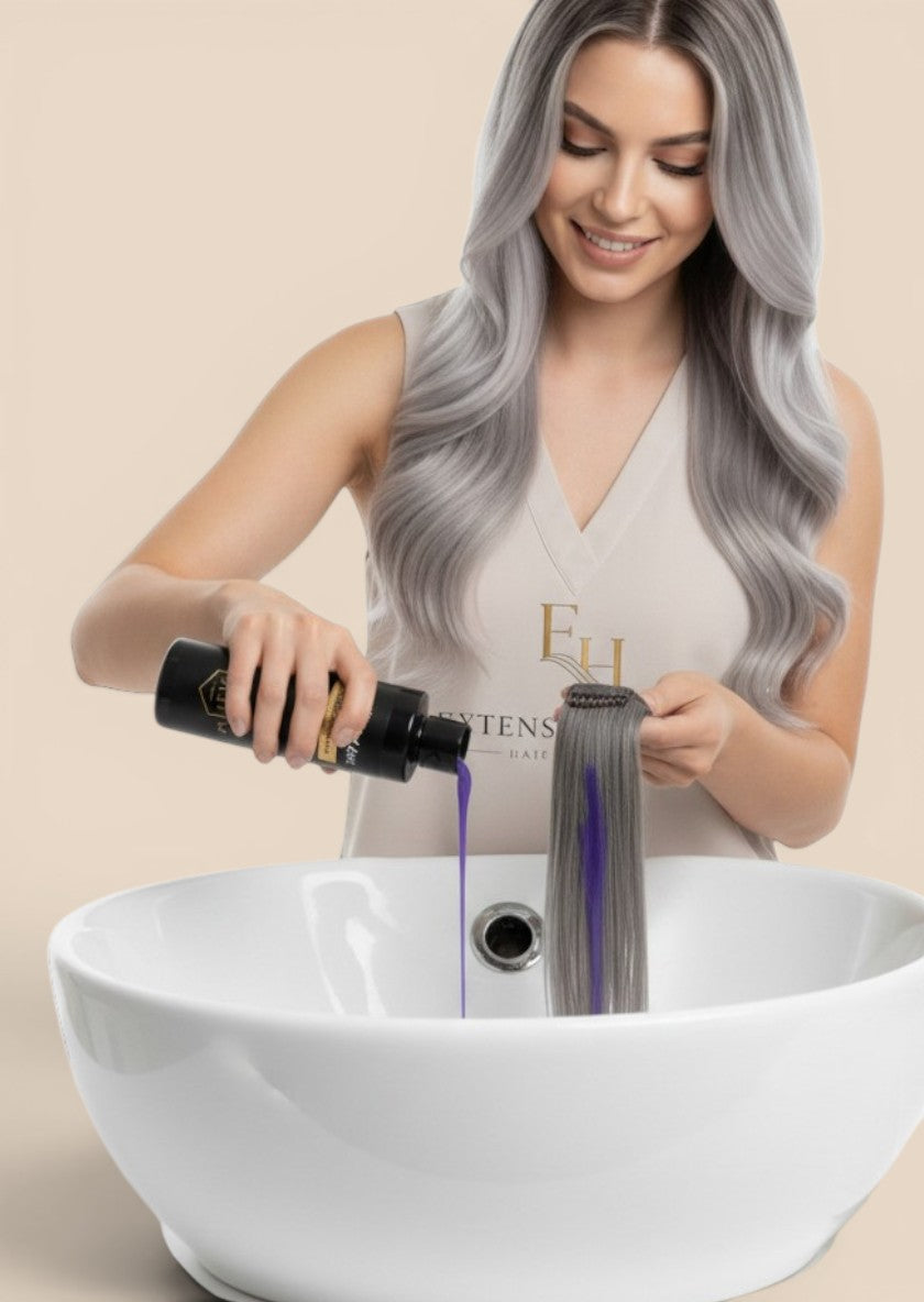 Extension house Luxury Gold No Yellow shampoo voor het neutraliseren van gele tinten in blonde hairextensions.