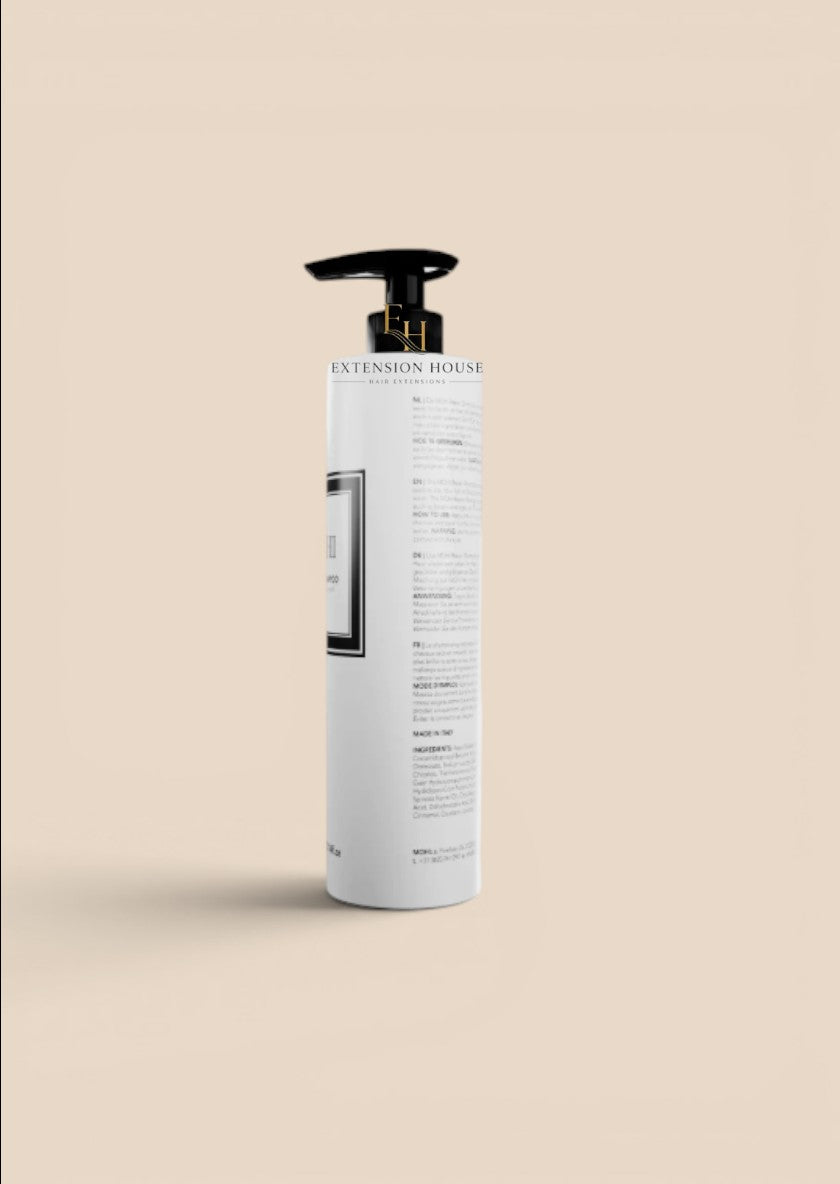 MOHI Herstellende Shampoo 300 ml van Extension house in witte pompflacon voor intensief herstel van beschadigd haar.