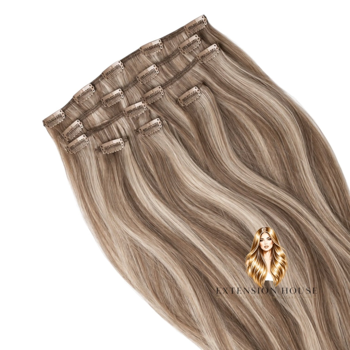 Extension house clip-in hairextensions in asblond met donkere aanzet, gemaakt van 100% Remy human hair.