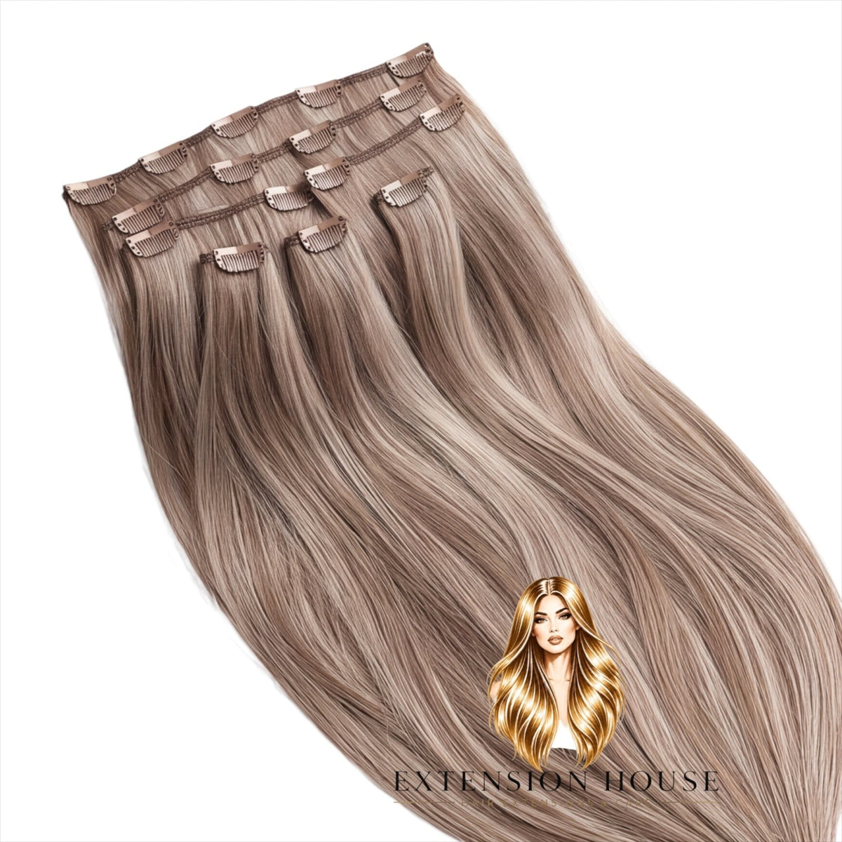 Extension house clip-in extensions van 100% human hair in asblond met een donkere aanzet voor een natuurlijke look.