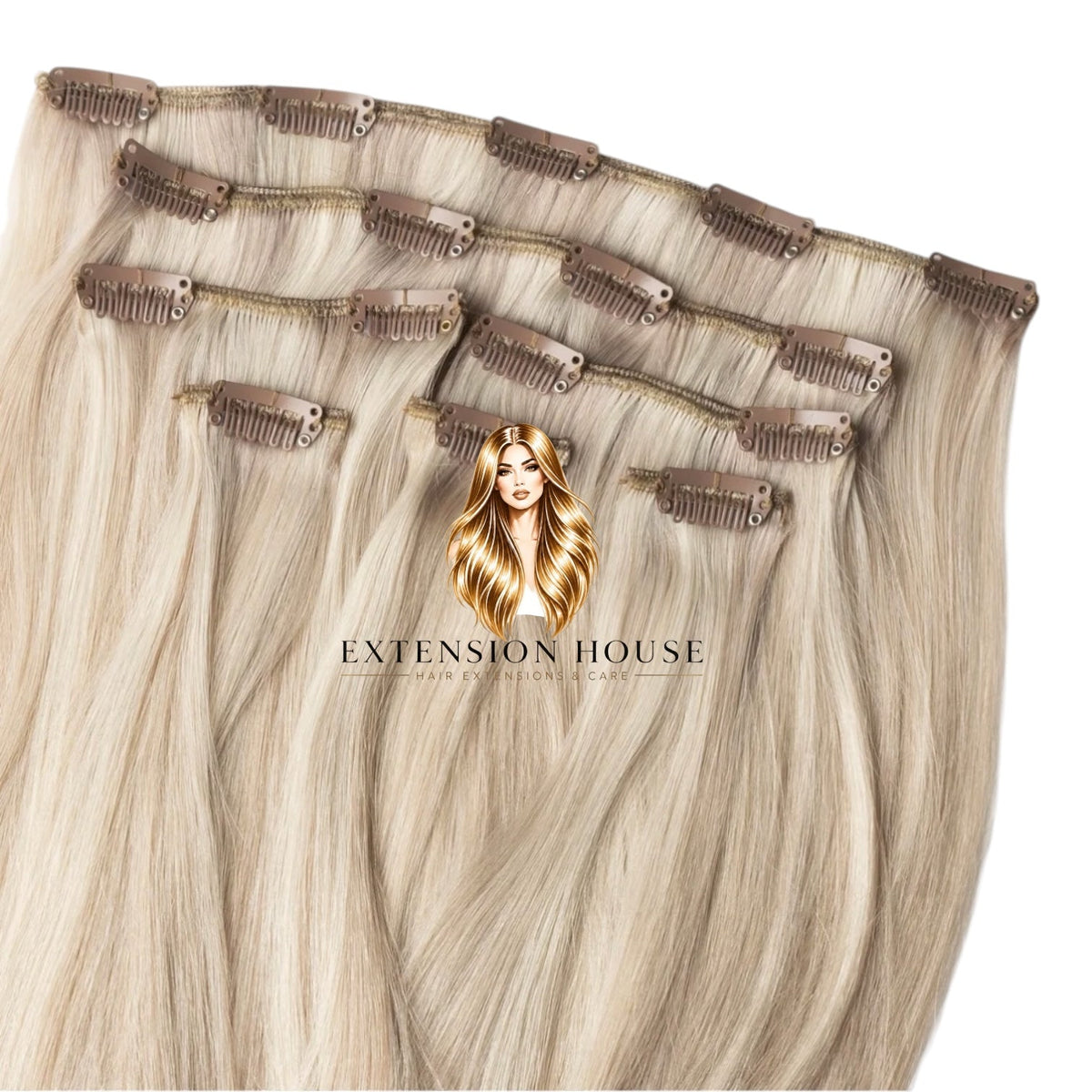 Extension house clip-in extensions in Coco Blond, 100% Remy human hair met gouden ondertonen voor volume en lengte.