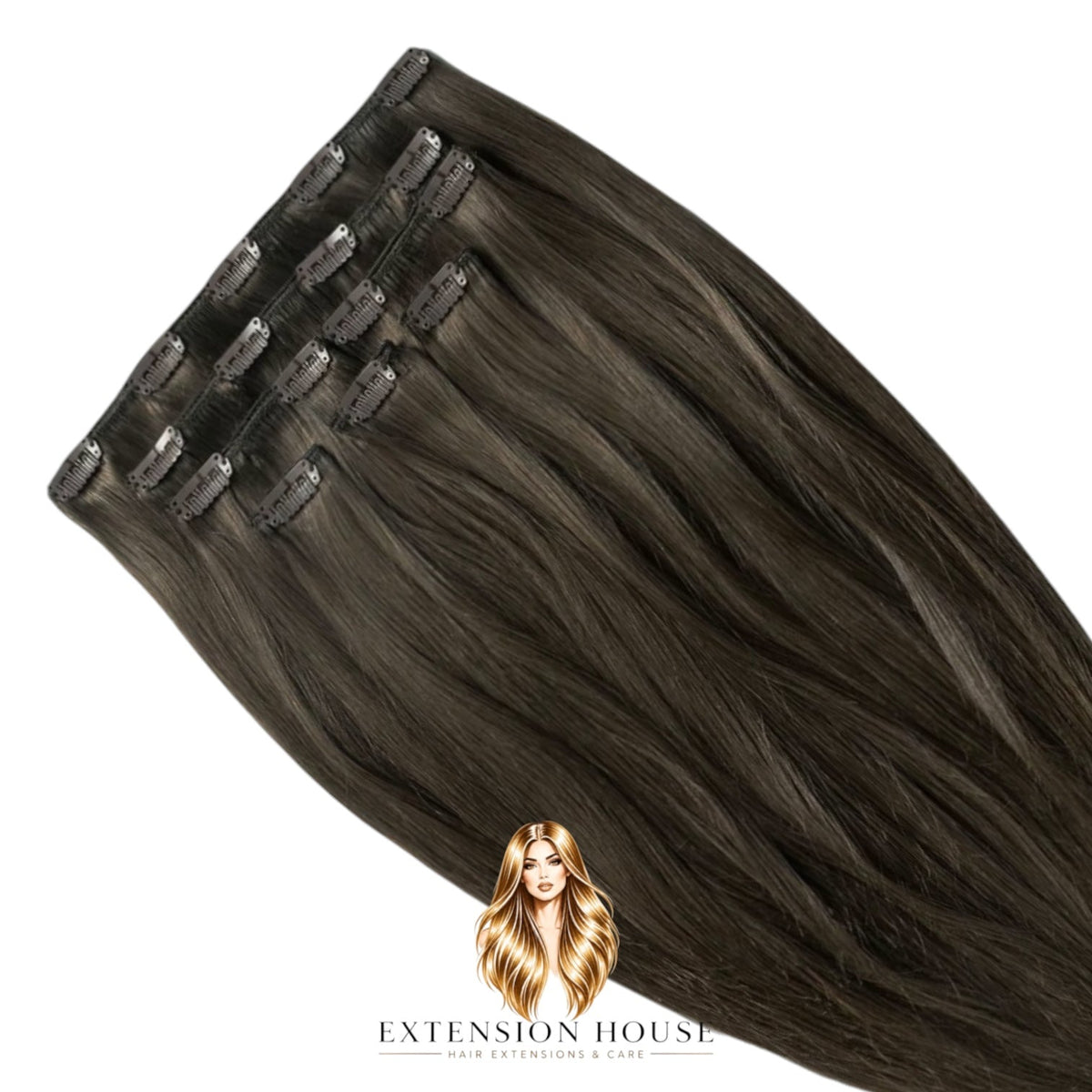 Extension house clip-in hairextensions in mat donkerbruin gemaakt van 100% echt menselijk haar