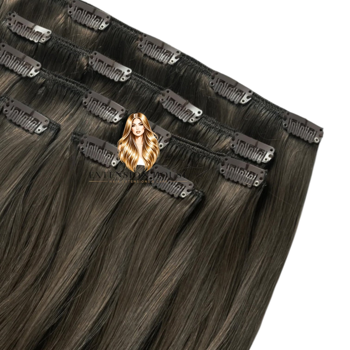 Extension house clip-in hairextensions in mat donkerbruin gemaakt van 100% echt menselijk haar