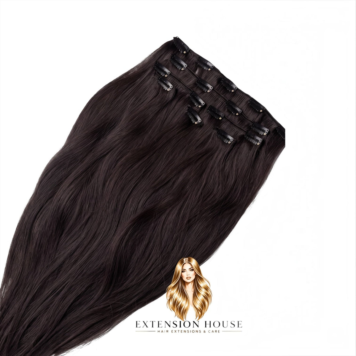 Extension house clip-in hairextensions van 100% human hair in de kleur zwartbruin #1B voor extra volume en lengte