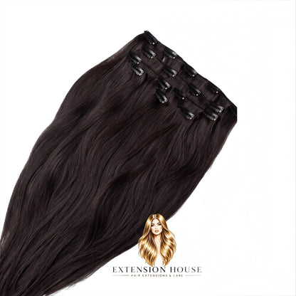 Extension house clip-in hairextensions van 100% human hair in de kleur zwartbruin #1B voor extra volume en lengte