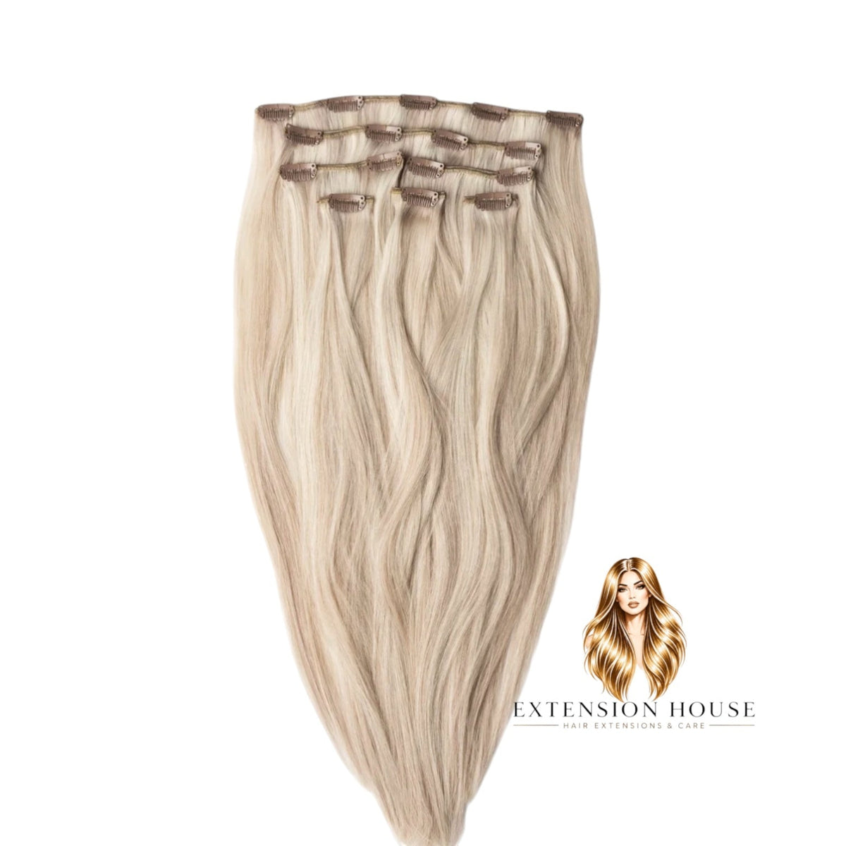 Extension house clip-in extensions in Coco Blond, 100% Remy human hair met gouden ondertonen voor extra volume.