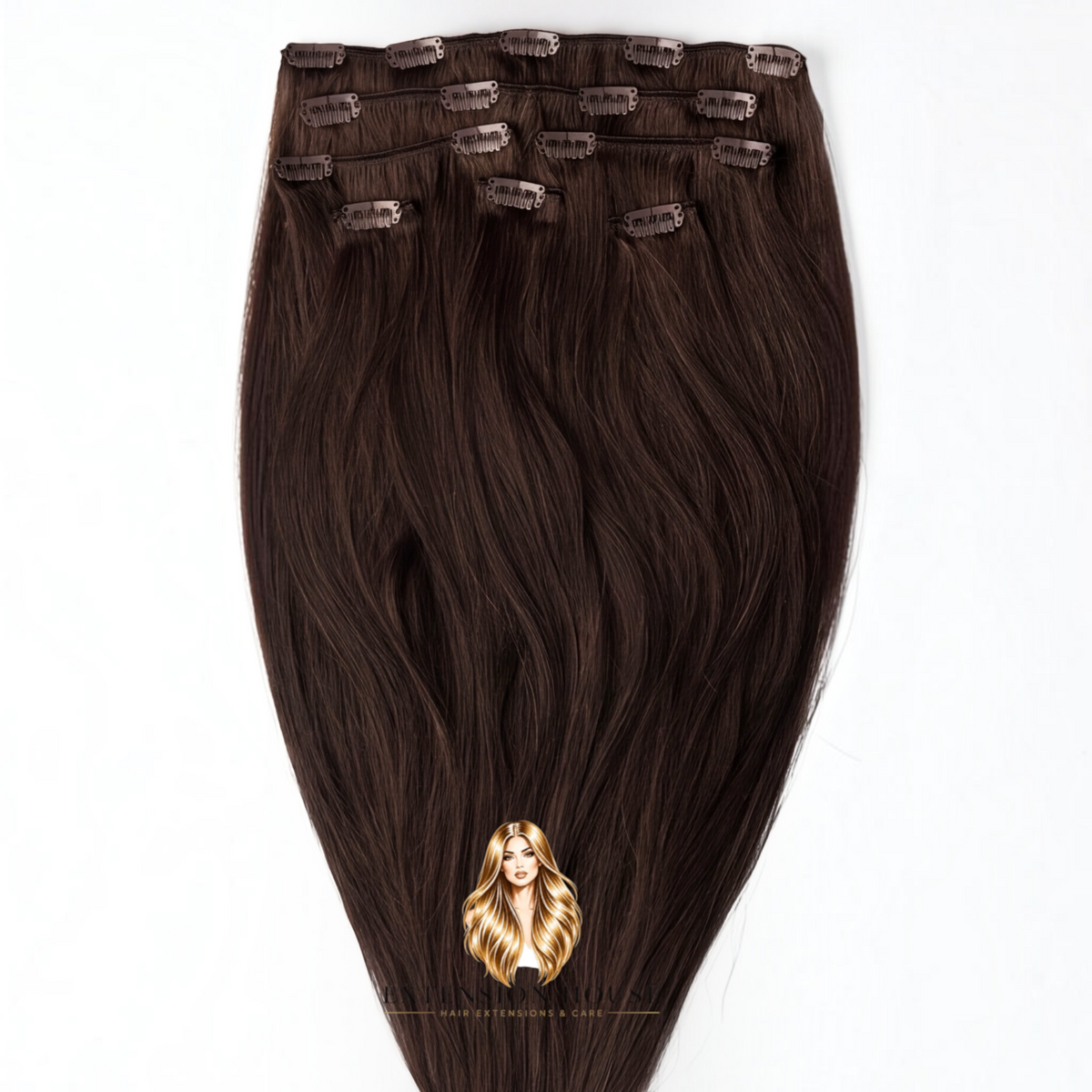 Extension house clip-in haarextensions van 100% human hair in de kleur donker warm bruin zwart