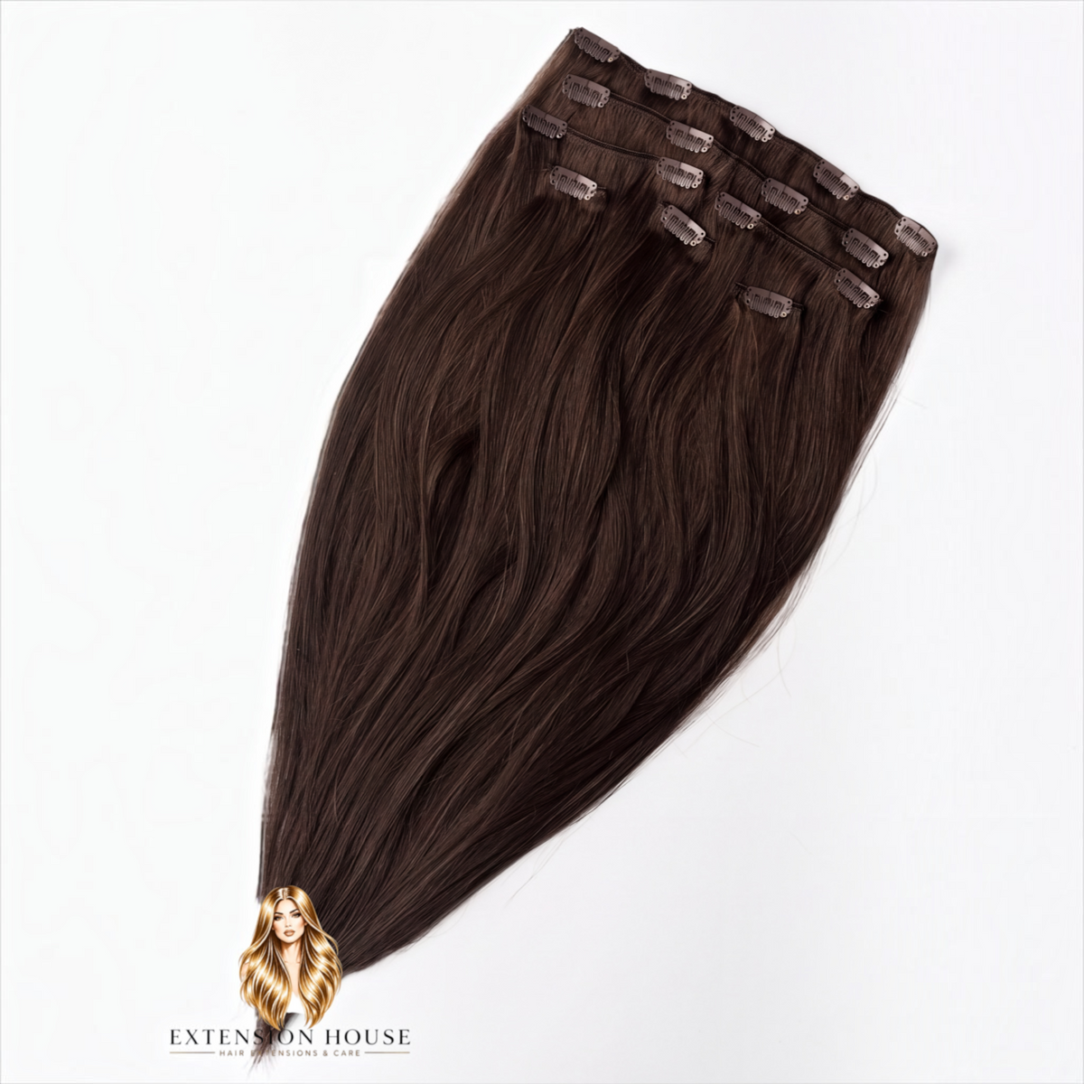Extension house clip-in extensions van 100% human hair in de kleur donker warm bruin zwart voor extra volume en lengte