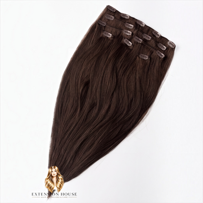 Extension house clip-in extensions van 100% human hair in de kleur donker warm bruin zwart voor extra volume en lengte