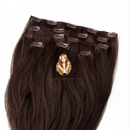 Extension house clip-in hairextensions van 100% human hair in de kleur donker warm bruin zwart met metalen clips