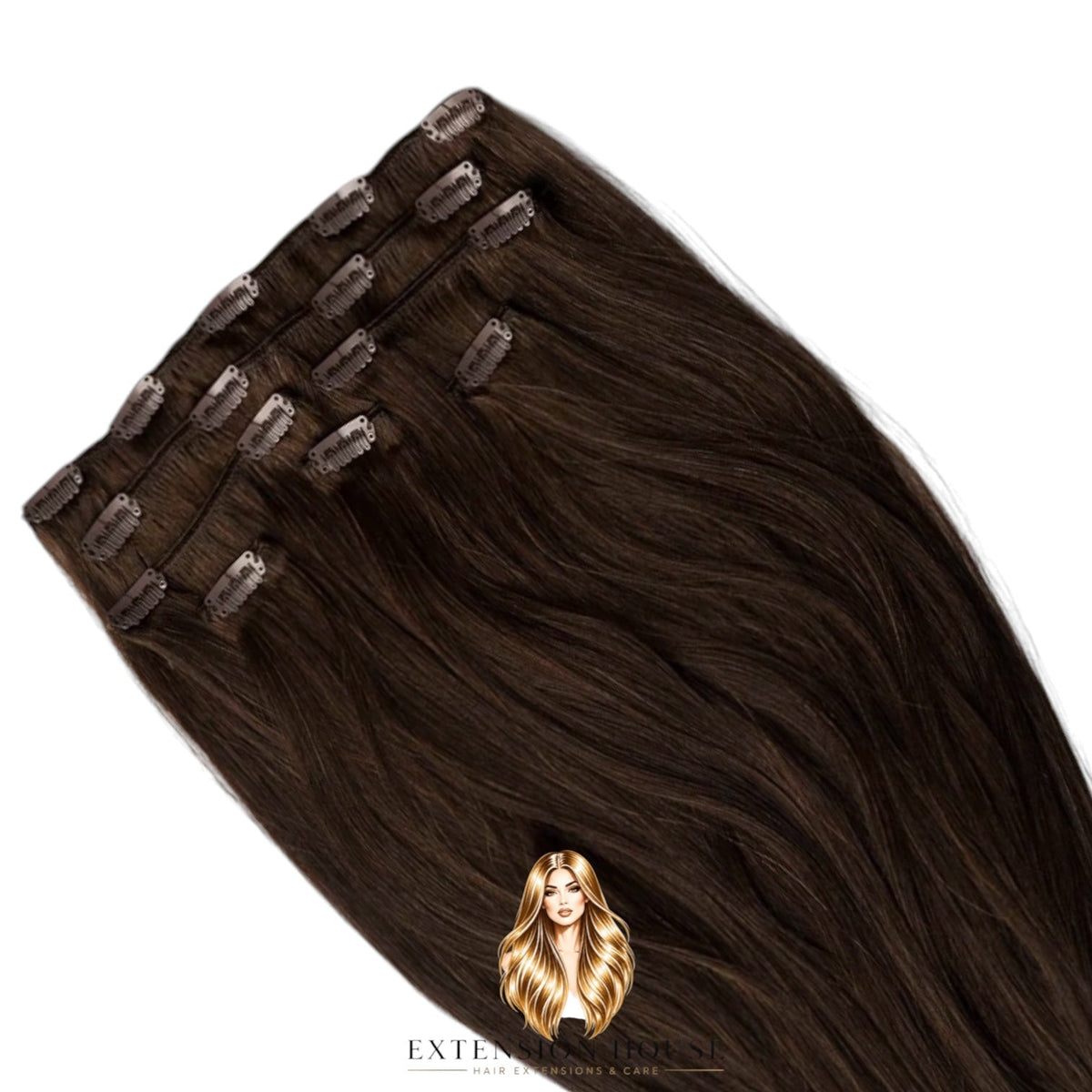 Extension house clip-in extensions in donkerbruin gemaakt van 100% Remy human hair voor extra volume en lengte.