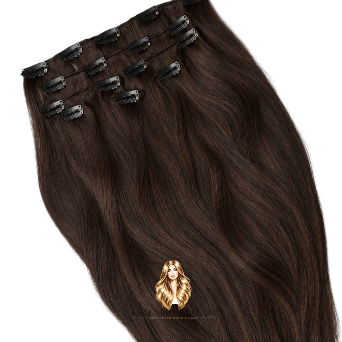 Extension house clip-in hairextensions in donkerbruin gemaakt van 100% Remy human hair voor extra volume en lengte