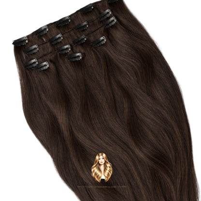 Extension house clip-in hairextensions in donkerbruin gemaakt van 100% Remy human hair voor extra volume en lengte