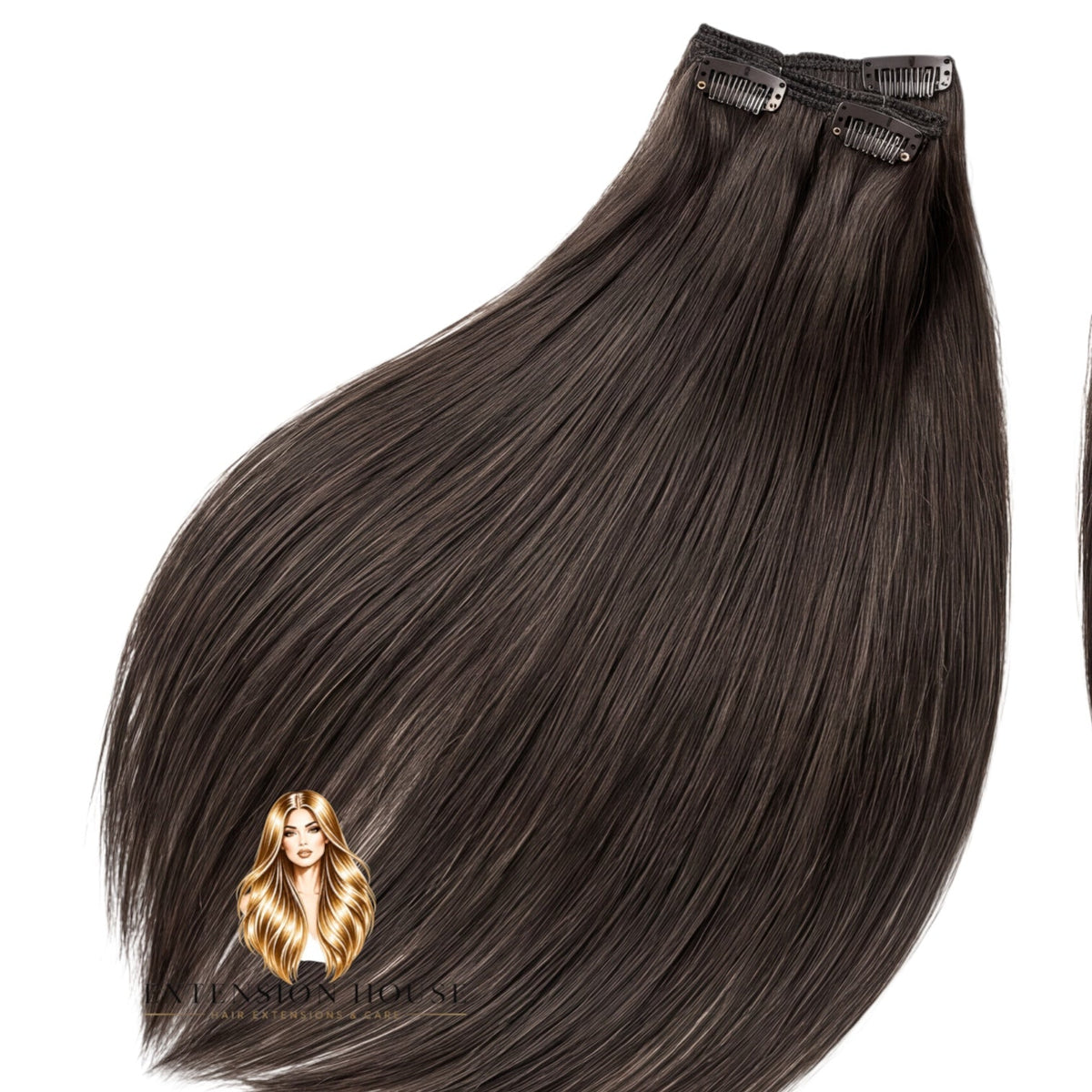 Extension house clip-in hairextensions in mat donkerbruin gemaakt van 100% Remy human hair voor extra volume en lengte