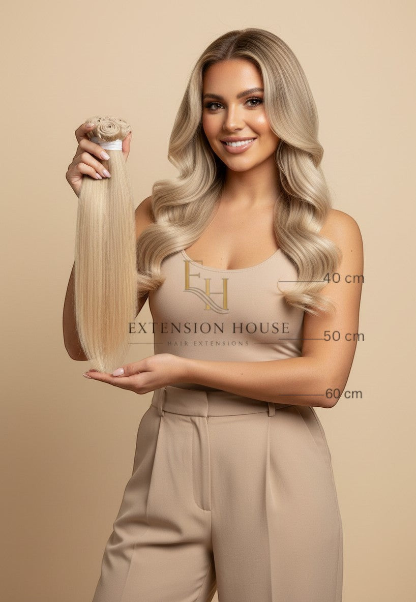 Extension House #613A blonde human hair extensions, 40-60 cm lang, voor een vollere look.