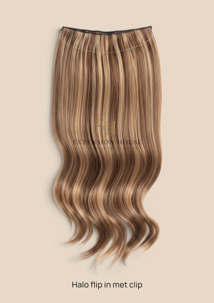 Extension house Halo Flip In Extensions van 100% human hair in chocolade bruin en honing blond mix met clips.