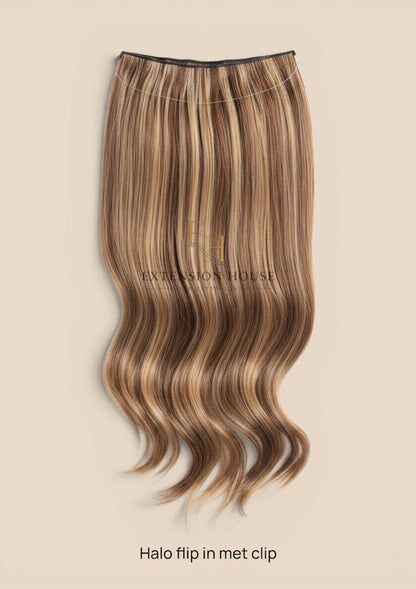 Extension house Halo Flip In Extensions van 100% human hair in chocolade bruin en honing blond mix met clips.