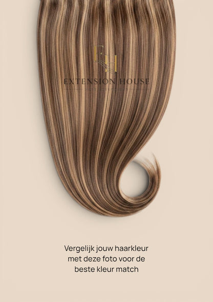 Extension house Halo Flip In extensions in chocolade bruin en honing blond mix van 100% human hair met clips.