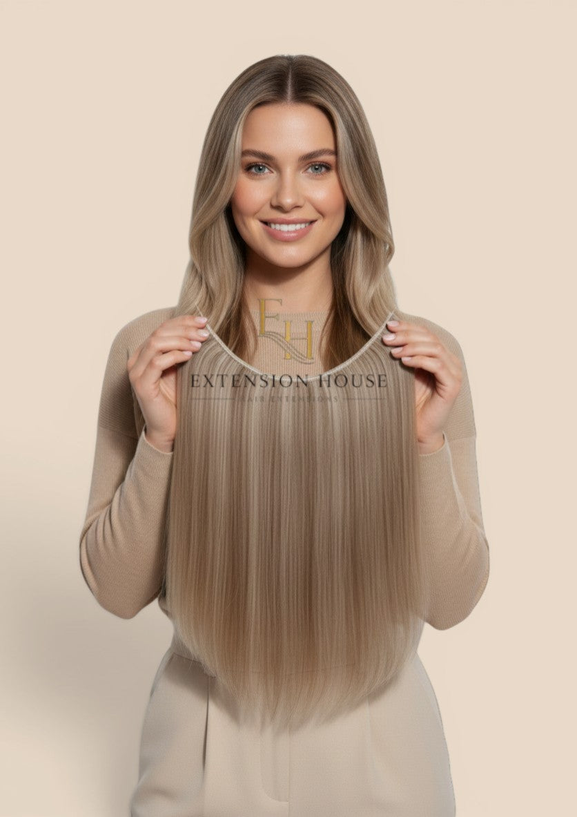Extension house Halo Flip In Extensions in lichtblond #VB highlight, 100% human hair met transparante draad en clips.