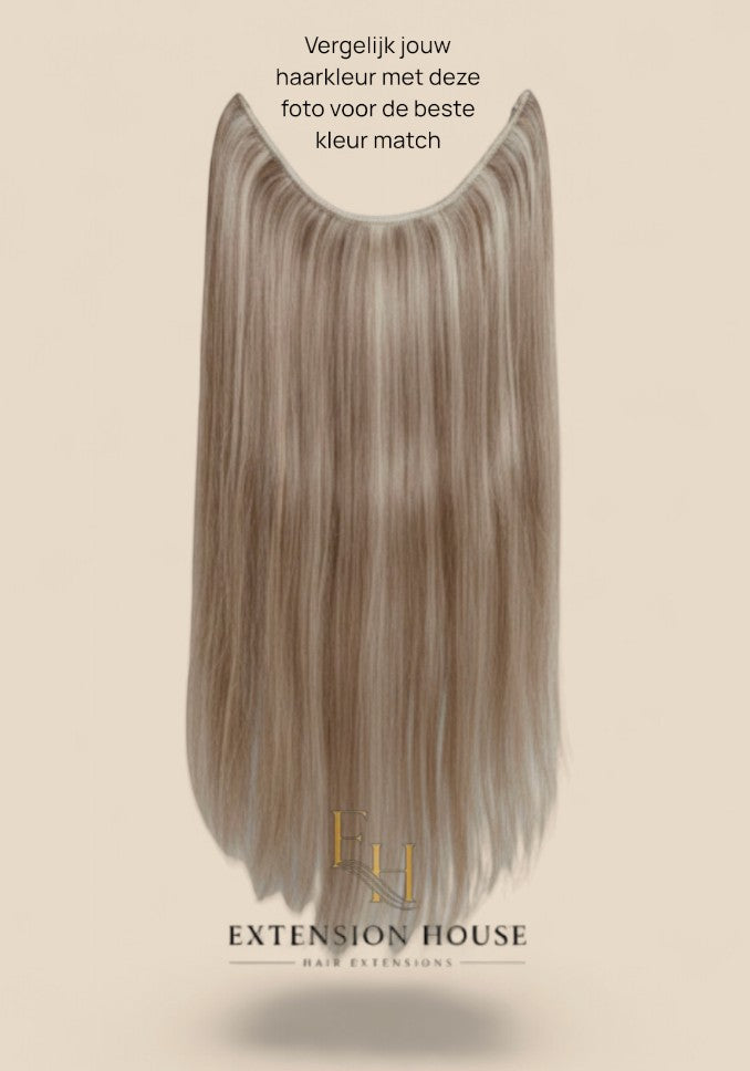 Extension house Halo Flip In Extensions van 100% human hair in lichtblond met highlights en transparante draad.