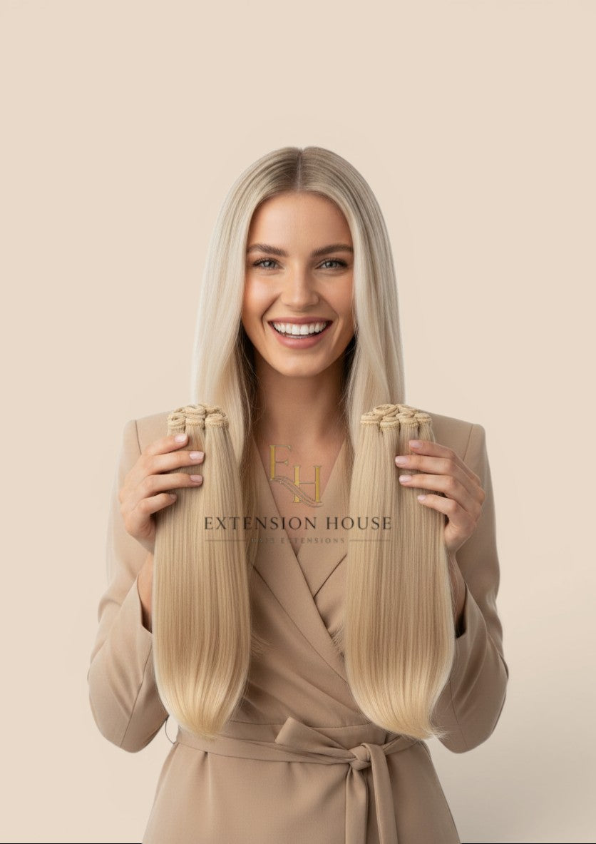Extension house Halo Flip In Extensions van 100% human hair in zilver-blond met transparante draad en clips.