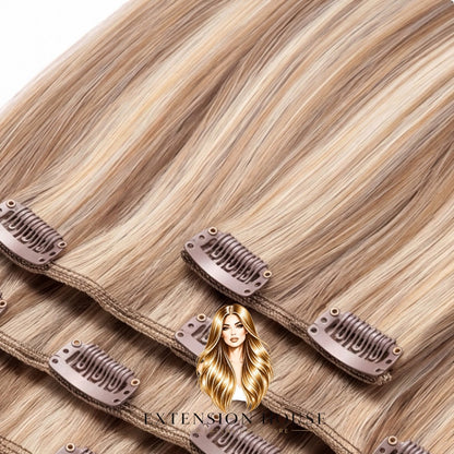 Extension house clip-in extensions van 100% human hair in honingblond en middenbruin highlight kleur 24/8