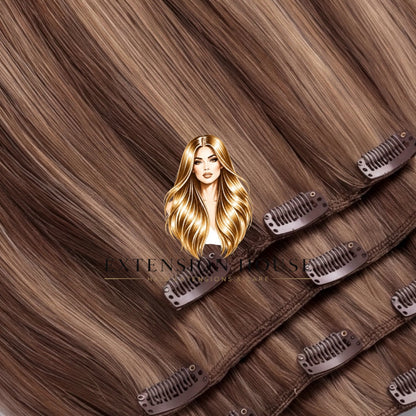 Extension house clip-in extensions in lichtbruin blond met goudblonde highlights van 100% echt haar
