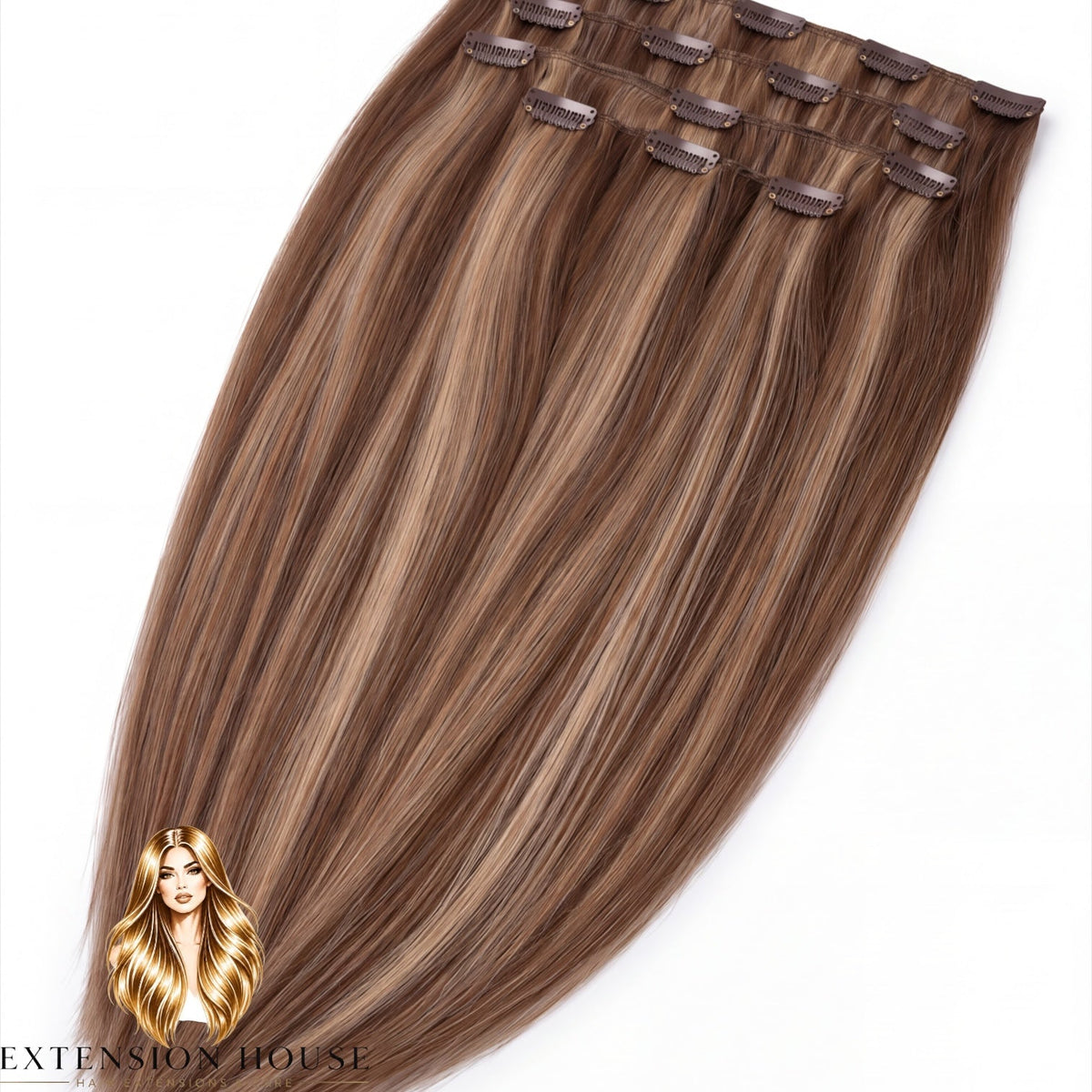 Extension house clip-in extensions in lichtbruin blond met goudblonde highlights van 100% Remy human hair.