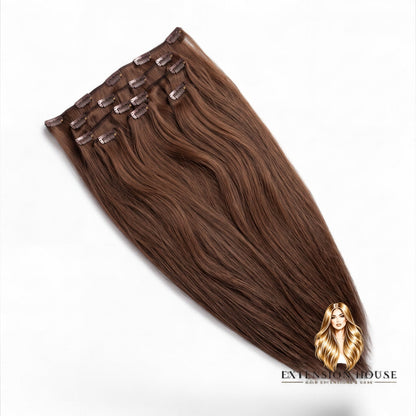 Extension house clip-in hairextensions in lichtbruin gemaakt van 100% Remy human hair voor extra volume en lengte