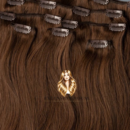 Extension house clip-in hairextensions in lichtbruin gemaakt van 100% Remy human hair voor extra volume en lengte