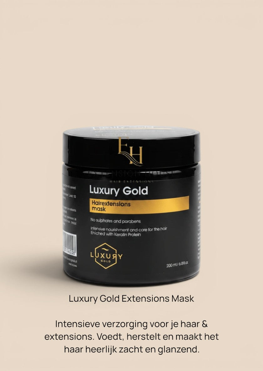 Extension house Luxury Gold haarmasker voor extensions, verrijkt met keratine-eiwit in een zwarte 200ml pot.