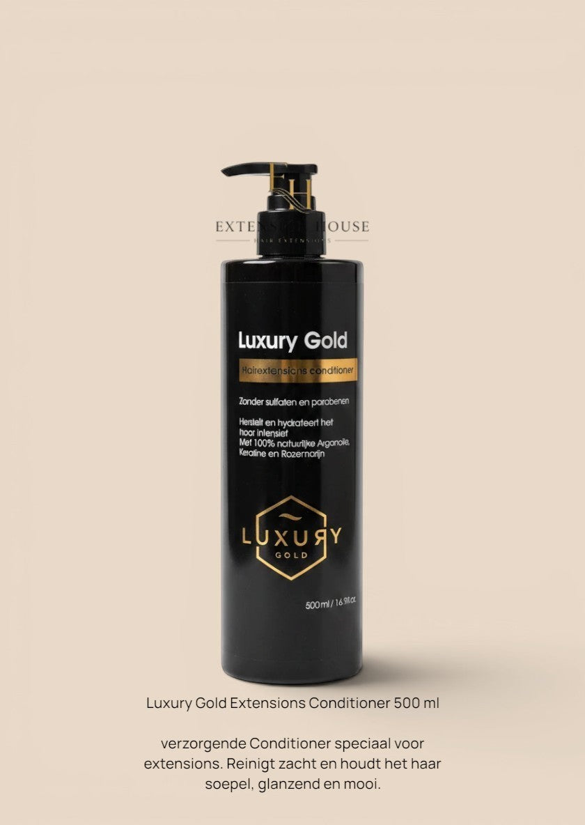 Extension house Luxury Gold conditioner voor hairextensions met arganolie, keratine en rozemarijn in 500ml fles.