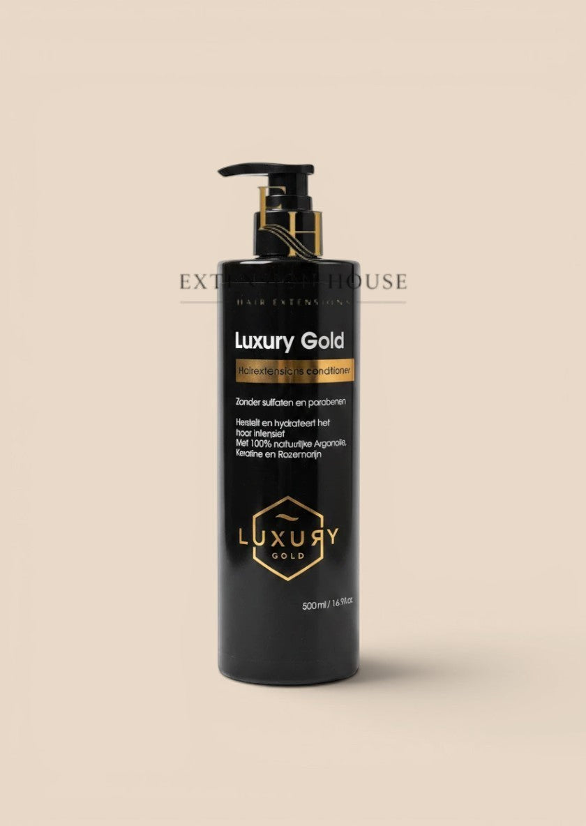 Extension house Luxury Gold conditioner voor hairextensions met arganolie, keratine en rozemarijn in 500ml fles.