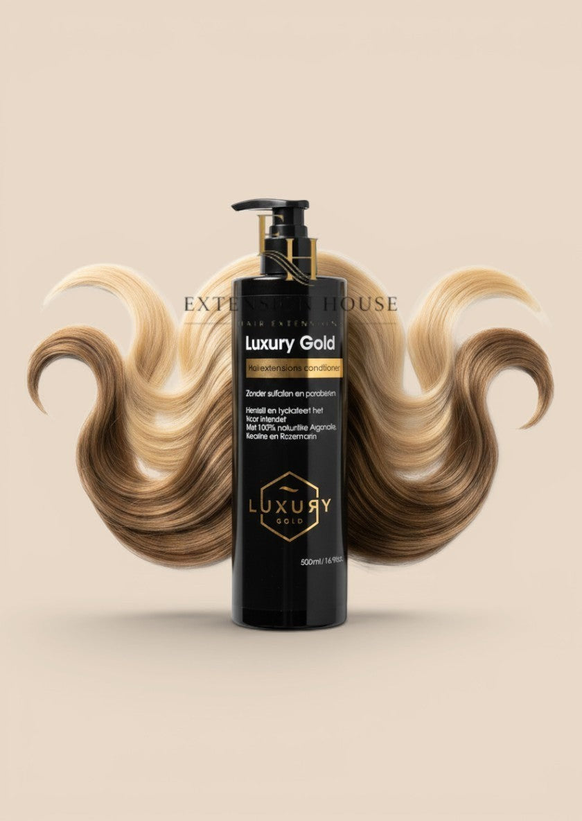 Extension house Luxury Gold conditioner voor hairextensions met arganolie, keratine en rozemarijn in zwarte fles.