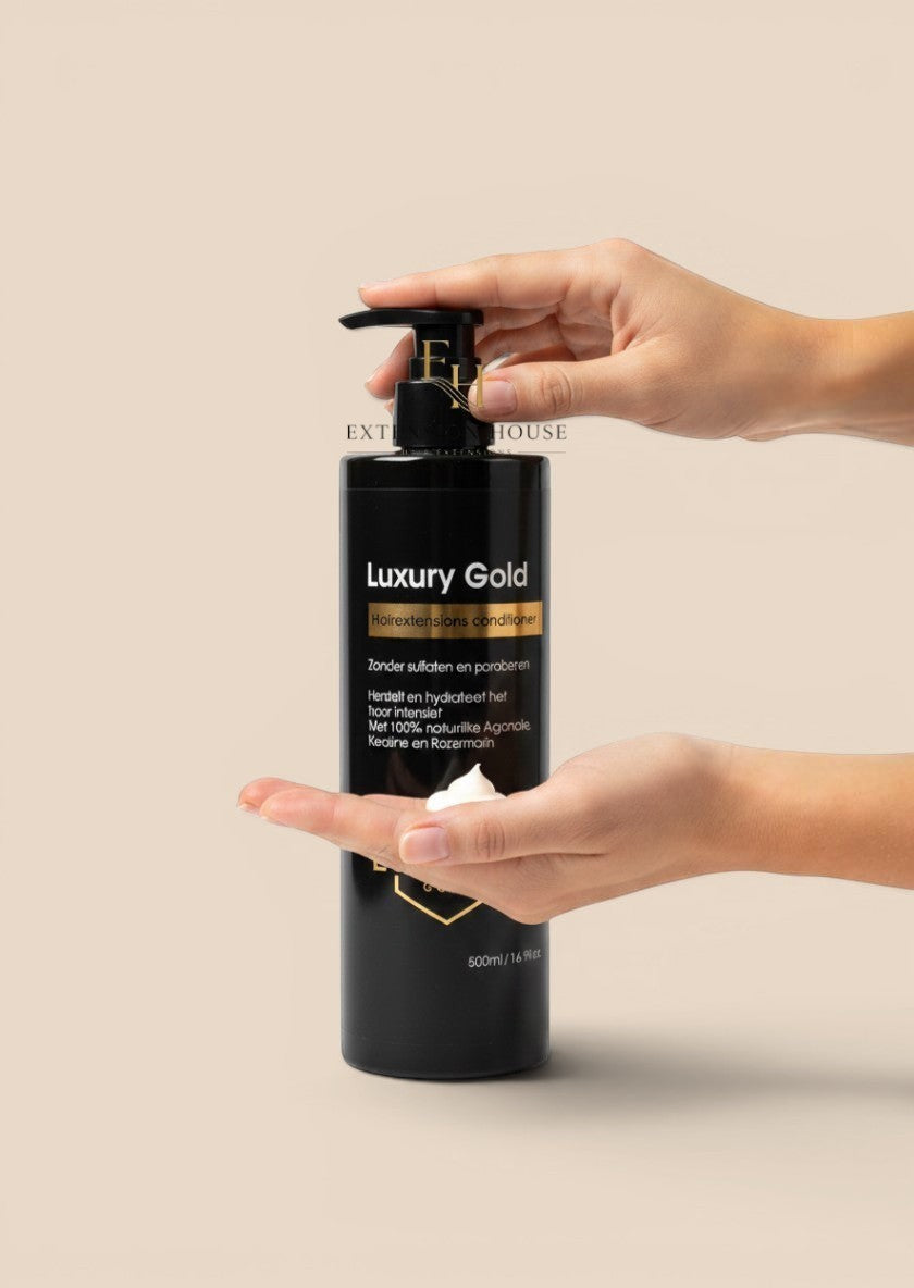 Extension house Luxury Gold conditioner voor hairextensions met arganolie in zwarte fles van 500ml