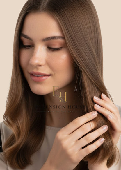 Vrouw met glanzend bruin haar houdt Luxury Gold Hairextensions Serum van Extension house vast voor een zijdezacht resultaat