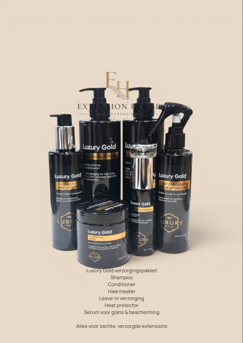 Extension house Luxury Gold 6-delige haarverzorgingsset met zwarte flacons voor het onderhoud van hairextensions.