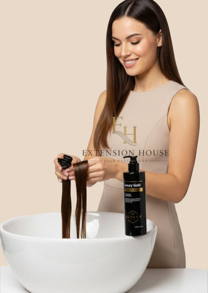 Vrouw wast bruine hairextensions met sulfaatvrije Luxury Gold shampoo van Extension house voor glanzend resultaat.