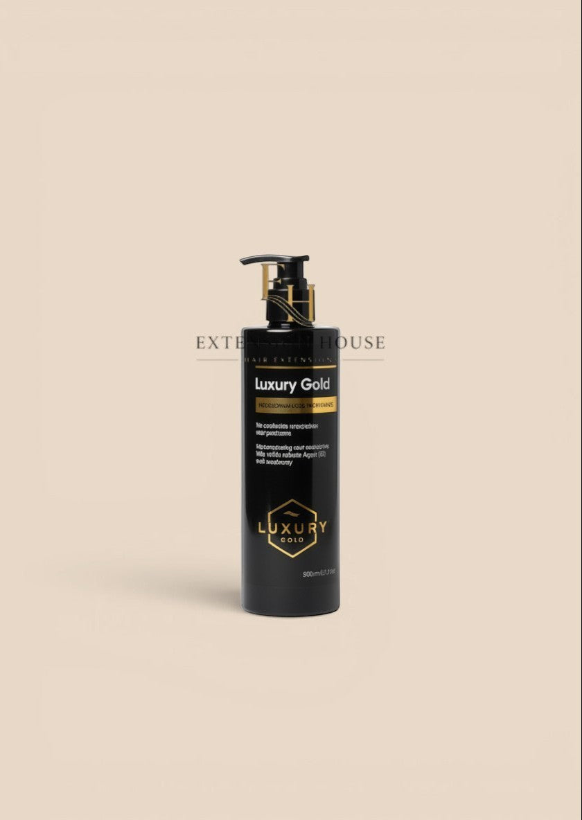 Extension house Luxury Gold sulfaatvrije shampoo voor hairextensions met arganolie en rozemarijn, 500ml fles.