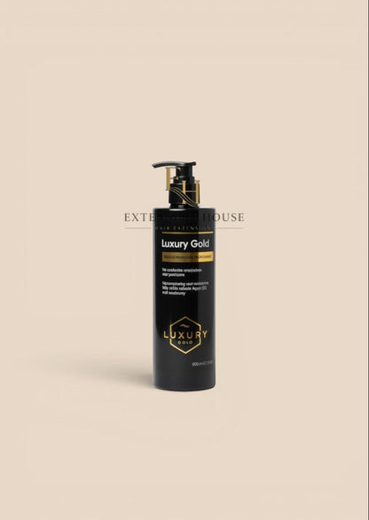Extension house Luxury Gold sulfaatvrije shampoo voor hairextensions met arganolie en rozemarijn, 500ml fles.
