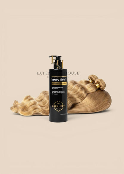 Extension house Luxury Gold sulfaatvrije shampoo 500ml met arganolie voor verzorging van blonde hairextensions.