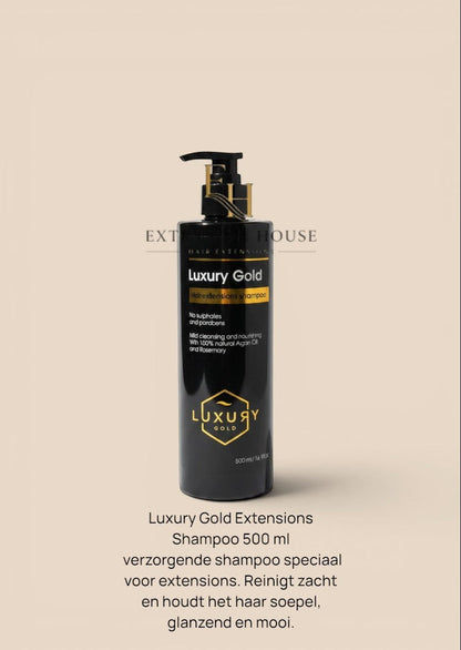 Extension house Luxury Gold sulfaatvrije shampoo voor hairextensions met arganolie in een zwarte 500ml fles