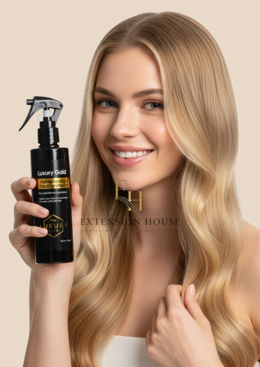 Vrouw met blond haar houdt Luxury Gold Hairextensions Heat Protector spray van Extension house vast voor bescherming.