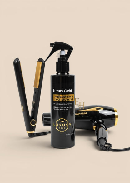 Extension house Luxury Gold hittebeschermende spray voor hairextensions, 250ml, met stijltang en föhn.