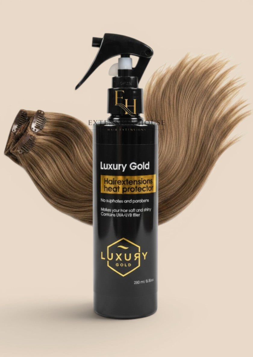 Extension house Luxury Gold hittebeschermende spray voor hairextensions, 250ml, vrij van sulfaten en parabenen.