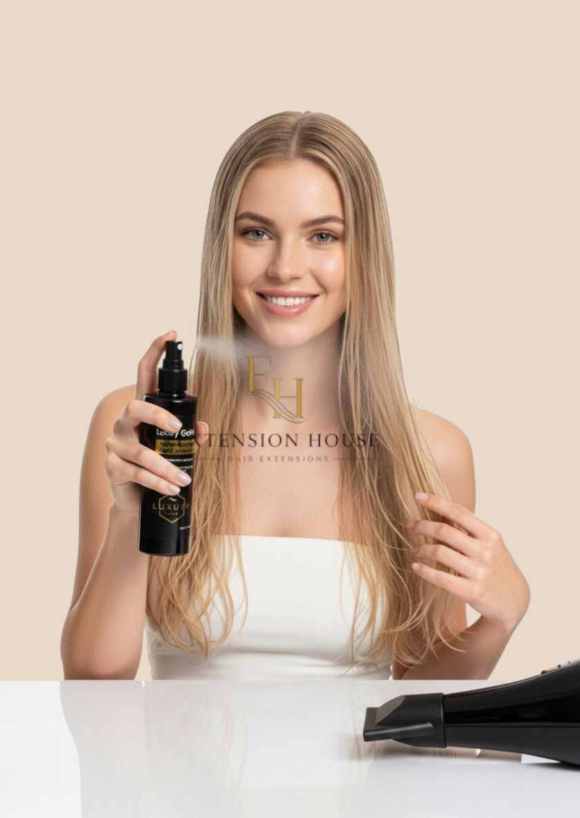 Vrouw met blond haar gebruikt Extension house Luxury Gold hittebeschermende spray voor haar extensions.