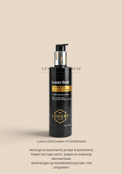 Extension house Luxury Gold leave-in conditioner voor hairextensions met aloëvera en kamille in zwarte fles van 250ml