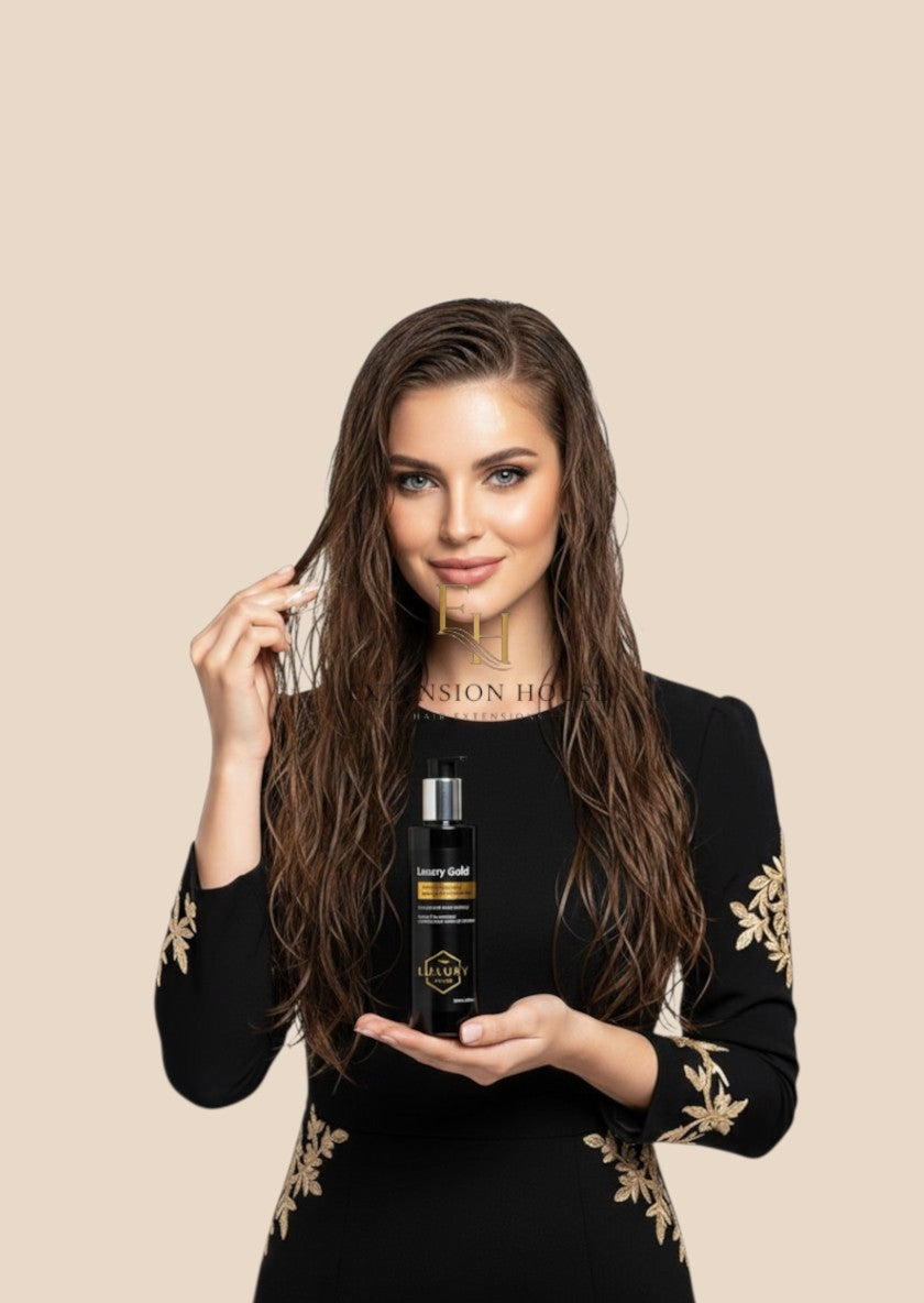 Model met lang haar houdt Luxury Gold leave-in conditioner van Extension house vast voor hydratatie van extensions.