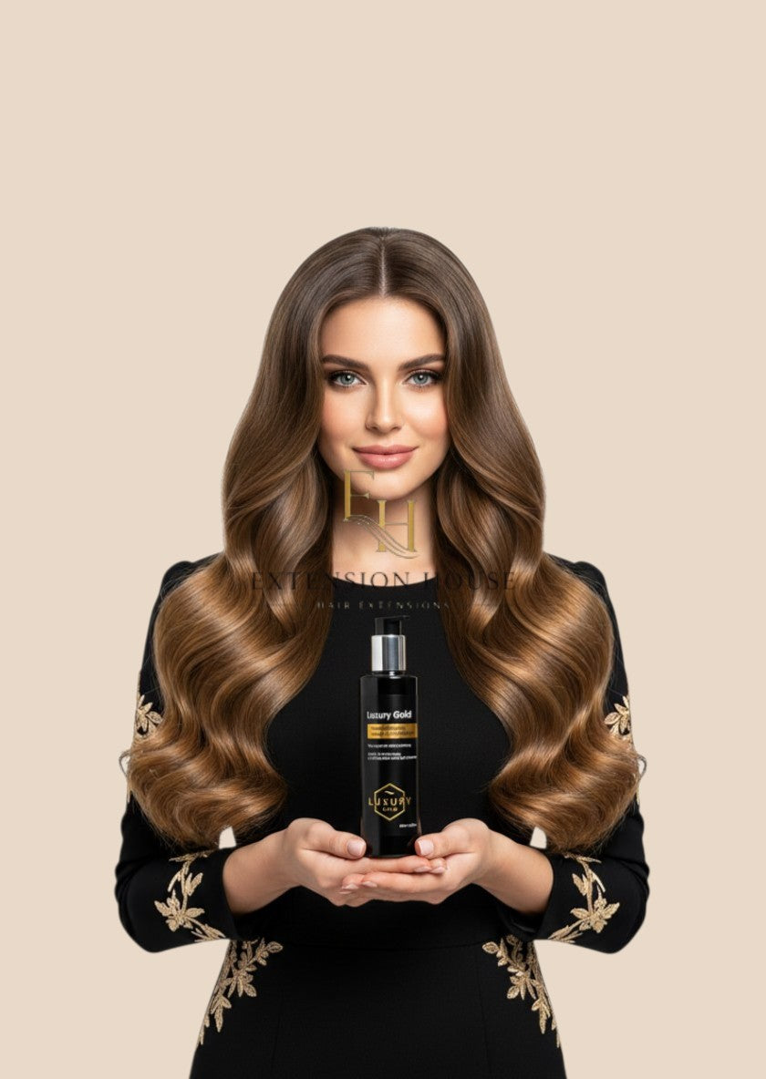 Vrouw met glanzend haar houdt Luxury Gold leave-in conditioner voor hairextensions van Extension house vast.