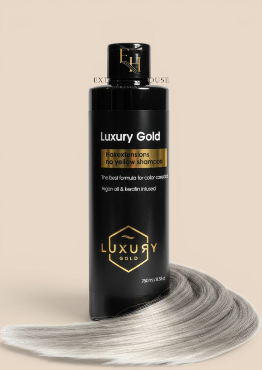 Extension house Luxury Gold No Yellow shampoo voor blond haar met extensions, verrijkt met arganolie en keratine.
